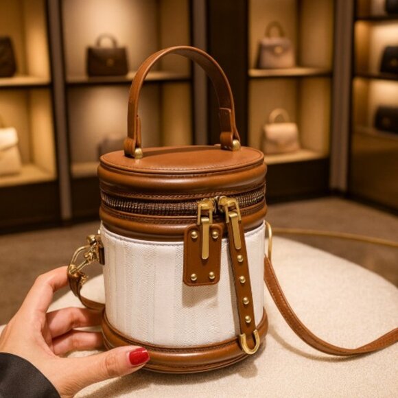 Handbags - Chic Brown & Cream Crossbody Bucket Handbag or Cosmetic Travel Makeup Bag